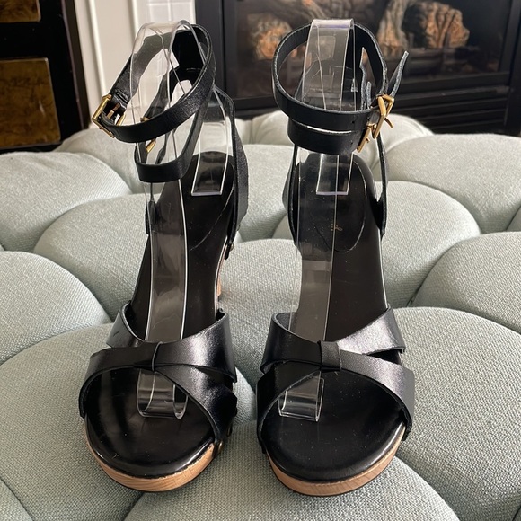7 For All Mankind Black Leather Sandals with Wooden Ombré Heels - Picture 2 of 16